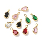 Brass with Cubic Zirconia & Glass Pendants, Teardrop Charms, Nickel Free, Real 18K Gold Plated, Mixed Color, 9x4.5x2mm, Hole: 1.4mm(KK-Z136-14G)