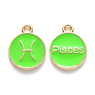 Alloy Enamel Pendants, Cadmium Free & Lead Free, Flat Round with Constellation, Light Gold, Pale Green, Pisces, 15x12x2mm, Hole: 1.5mm(ENAM-S124-01B-06H)