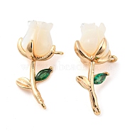 Natural Freshwater Shell Brass Pendants, Flower Charms with Green Glass Leaf, Real 18K Gold Plated, 19.5x10x8.5mm, Hole: 1mm(KK-Q806-05G)