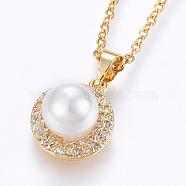 304 Stainless Steel Pendant Necklaces, with Cubic Zirconia and Acrylic Imitation Pearl, Flat Round, Golden, 17.71 inch(45cm), Pendant: 18x12x8.5mm(NJEW-H486-16G)