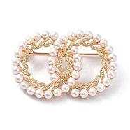 Plastic Imitation Pearl Beads Brooch, with Rhinestone and Alloy Findings, Double Ring, Golden, 32x48x5.5mm(JEWB-D007-03G)