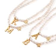 304 Stainless Steel Initial Pendant Necklaces, with Rice Natural Pearl Beads and Brass Star Charms, Letter, White, Golden, Mixed, Letter: 19.5~25x13~23x1.5mm, 16.92 inch(43cm)(NJEW-JN03296)
