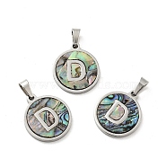 304 Stainless Steel with Paua Shell Pendants, Stainless Steel Color, Flat Round with Letter Charm, Letter.D, 18x16x1.5mm, Hole: 3x6mm(STAS-G268-02D-P)