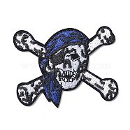 Computerized Embroidery Cloth Iron on/Sew on Patches, Costume Accessories, Appliques, for Backpacks, Clothes, Pirate Skull/Crossbone with Blue Bandana, White, 48x60x1.8mm(DIY-M009-22)