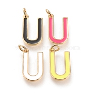 Brass Enamel Pendants, with Jump Ring, Long-Lasting Plated, Real 18K Gold Plated, Letter.U, Mixed Color, Letter.U, U: 18x10x1.8mm, Jump Rings: Inner Diameter: 3mm(KK-R139-U)