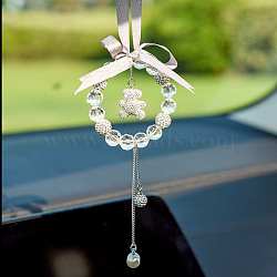 Bowknot & Ring & Ball Tassel Glass Rhinestone Pendant Decorations, for Interior Car Mirror Hanging Decorations, White, 154mm(AUTO-PW0001-17A)