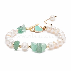 Natural Green Aventurine & Pearl Beaded Bracelet with Alloy Enamel Heart Charms, Gemstone Jewelry for Women, Golden, 7-5/8 inch(19.4cm)(BJEW-JB08039-02)