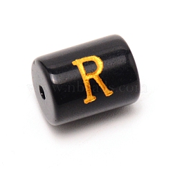 Painted Glass Beads, Black Column with Gold Letter, Letter.R, 13.7x10mm, Hole: 1.5mm(GLAA-TAC0009-01R)