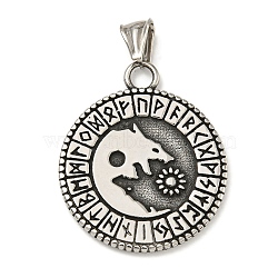 316 Surgical Stainless Steel Pendants, Flat Round, Antique Silver, Wolf, 42x35x3mm, Hole: 4x8mm(STAS-Z073-73AS-06)