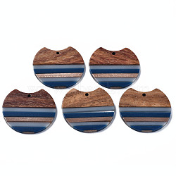 Resin & Walnut Wood Pendants, Gap Flat Round, Prussian Blue, 34x37x3mm, Hole: 1.8mm(RESI-N025-014A-C01)