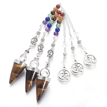 Chakra Jewelry Natural Tiger Eye Cone Dowsing Pendulums, with Brass Finding and Alloy Chain, Antique Silver, 235~245x2.5mm