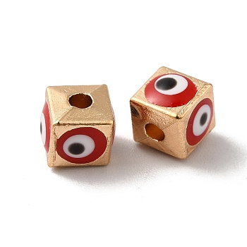 Alloy Enamel Beads, Light Gold, Cube with Evil Eye, Red, 5.5x6x6mm, Hole: 1.8mm