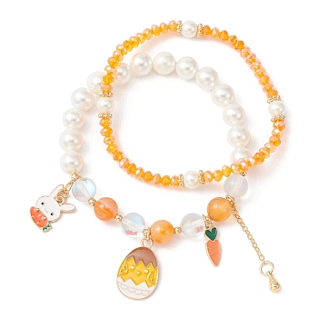 2Pcs 2 Style Easter Theme Glass & Shell Pearl Beaded Stretch Bracelets Set, Alloy Enamel Rabbit & Flower Stackable Bracelets, Orange, Inner Diameter: 2-1/8 inch(5.5cm), 1Pc/style