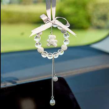 Bowknot & Ring & Ball Tassel Glass Rhinestone Pendant Decorations, for Interior Car Mirror Hanging Decorations, White, 154mm