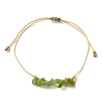 Natural Peridot Chips Braided Bead Bracelets, Nylon Cords Adjustable Bracelet, Inner Diameter: 3-1/4 inch(8.1cm)