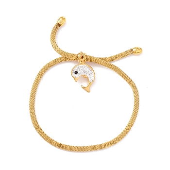 Rhinestone Dolphin Charm Slider Bracelet with Round Mesh Chain for Women, Golden, Inner Diameter: 3/8~3-1/8 inch(0.9~7.9cm)