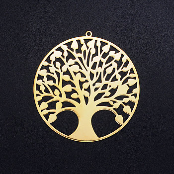 201 Stainless Steel Pendants, Circle with Tree of Life, Golden, 47x45x1mm, Hole: 1.6mm