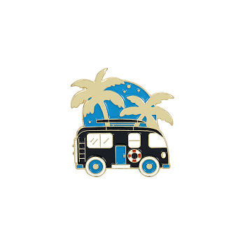 Spring Theme Alloy Brooches, Enamel Hiking Lapel Pin, for Backpack Clothes, RV/Recreational Vehicle & Coconut Trees, Golden, Dodger Blue, 30x28mm