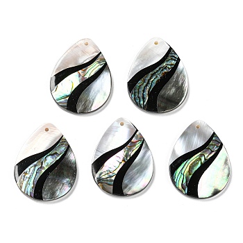 Natural Freshwater Shell & Black Lip Shell & Paua Shell & Natural White Shell Pendants, Teardrop Charms, Seashell Color, 33x25.5x3.5mm, Hole: 1.2mm
