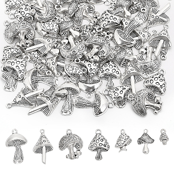 80Pcs 7 Style Tibetan Style Alloy Pendants, Mushroom Charm, Antique Silver, 13.3~29.5x7.5~20x2.3~6mm, Hole: 1.6~2.3mm