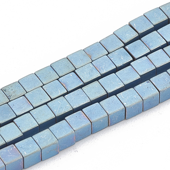 Electroplate Non-magnetic Synthetic Hematite Beads Strands, Matte Style, Cube, Blue Plated, 2x2x2mm, Hole: 0.8mm, about 170pcs/strand, 15.7 inch