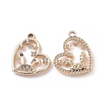 Alloy Pendants, with Crystal Rhinestone, Heart with Rabbit & Star Charm, Light Gold, 16.5x17.5x3mm, Hole: 1.6mm