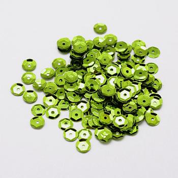 Plastic Paillette Beads, Semi-cupped Sequins Beads, Center Hole, Lawn Green, 6~7x0.5mm, Hole: 1mm