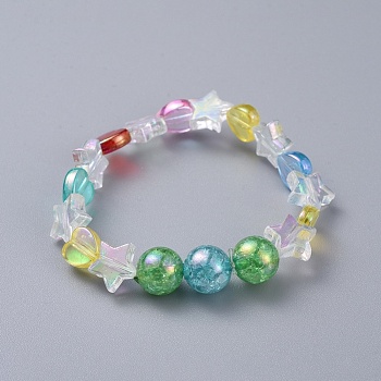 Kids Stretch Bracelets, with Transparent Acrylic Beads and Bubblegum AB Color Transparent Crackle Acrylic Round Beads, Colorful, 2-1/4 inch(5.7cm)