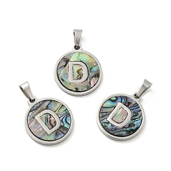 304 Stainless Steel with Paua Shell Pendants, Stainless Steel Color, Flat Round with Letter Charm, Letter.D, 18x16x1.5mm, Hole: 3x6mm