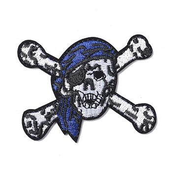 Computerized Embroidery Cloth Iron on/Sew on Patches, Costume Accessories, Appliques, for Backpacks, Clothes, Pirate Skull/Crossbone with Blue Bandana, White, 48x60x1.8mm
