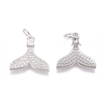 Brass Charms, with Micro Pave Cubic Zirconia and Jump Rings, Mermaid Fishtail, Clear, Platinum, 14x15x2.5mm, Hole: 3.5mm