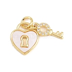 Valentine's Day Brass Micro Pave Clear Cubic Zirconia Pendants, with Natural Shell, Heart Lock with Key Charms, Cadmium Free & Lead Free, Real 18K Gold Plated, 15.5x13x2mm, Hole: 4mm(KK-H273-39G-03)