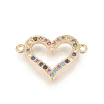 Brass Micro Pave Cubic Zirconia Links, Long-Lasting Plated, Lead Free & Cadmium Free & Nickel Free, Heart, Colorful, Real 18K Gold Plated, 13x19x1.5mm, Hole: 1.2mm(ZIRC-L078-018G-NR)