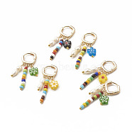 Natural Pearl & Glass Beads Dangle Hoop Earring, Flower Millefiori Glass Beads Drop Earrings for Women, Golden, Colorful, 40mm, Pin: 0.9mm(EJEW-TA00036)