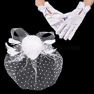 1 Pair Bowknot Pattern Gloves, for Wedding Bride Supplies, with 1Pc Fascinators Tea Party Hat Gauze & Felt Alligator Hair Clips, White, 215~364x85~300x9~13.5mm(AJEW-GA0006-47B)