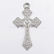 304 Stainless Steel Pendants, Cross with Heart, Stainless Steel Color, 50x31x3mm, Hole: 2.5mm(X-STAS-G172-03P)