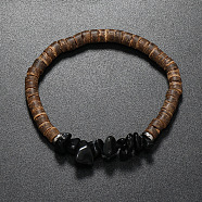 Natural Obsidian Chips & Coconut Disc Beaded Stretch Bracelet, Bohemian Wristband for Women, (UM3945-3)