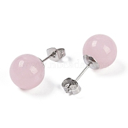 Natural Rose Quartz Stud Earrings, with 304 Stainless Steel Findings, Round, 22.5x10.5mm(EJEW-Z060-04P-03)