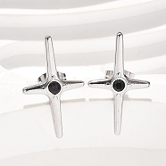 Cross 304 Stainless Steel Stud Earrings, with Rhinestone, Stainless Steel Color, 23x14mm(EJEW-F361-07P)