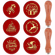 Christmas Theme 6Pcs  Brass Wax Seal Stamp Head, with 2Pcs Pear Wood Handle, for Wax Seal Stamp, Wedding Invitations Making, Chemistry Theme Pattern, 8pcs/set(AJEW-CP0001-87B)