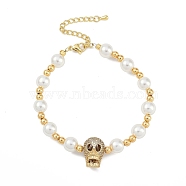 Rack Plating Brass Micro Pave Cubic Zirconia Charm Bracelets, with ABS Imitation Pearl Beads, Cadmium Free & Lead Free, Long-Lasting Plated, Skull, Real 18K Gold Plated, 7-1/8 inch(18.2cm)(BJEW-P341-09G)