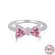 Rhodium Plated 925 Sterling Silver Finger Rings, Birthstone Ring, with Cubic Zirconia Bowknot & 925 Stamp for Women, Real Platinum Plated, Pearl Pink, 1.2mm, US Size 7(17.3mm)(RJEW-A019-06B-02P)
