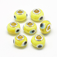 Handmade Evil Eye Lampwork European Beads, with Brass Double Cores, Large Hole Beads, Rondelle, Platinum, Yellow, 14~15x10~11mm, Hole: 5mm(LAMP-T004-28F)