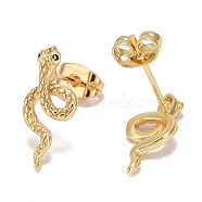 Green Cubic Zirconia Snake Stud Earrings, Brass Jewelry for Women, Lead Free & Cadmium Free, Real 18K Gold Plated, 16.5x7.5mm, Pin: 0.8mm(X-EJEW-F282-25G)