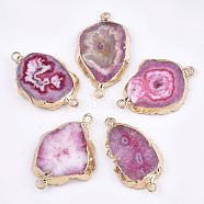 Electroplate Natural Druzy Agate Links connectors, with Iron Findings, Dyed, Golden, Hot Pink, 30~45x15~35x3~7.5mm, Hole: 2mm(G-T112-07E)