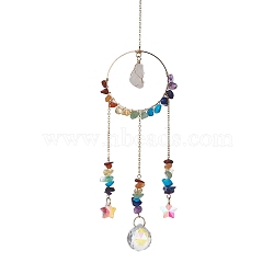 Chakra Gemstone Chips & Brass Ring Pendant Decorations, with Star & Round Glass Charm, for Home Decorations, 260mm, Hole: 10mm(HJEW-JM01284)
