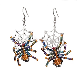 Halloween Braided Glass Seed Beads & 201 Stainless Steel Dangle Earrings, Spider & Web Dangle Earrings for Women, Stainless Steel Color, 62.5x38mm(EJEW-MZ00158)