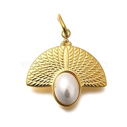 304 Stainless Steel Pendants, with Shell Pearl, with Jump Ring, Fan Charm, Ion Plating(IP), Real 14K Gold Plated, 20x20x5mm, Hole: 2.5x5mm(STAS-Q337-11G)