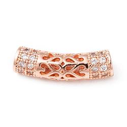 Brass Micro Pave Cubic Zirconia Beads, Hollow, Curve Tube, Rose Gold, 21x6mm, Hole: 2.8mm(ZIRC-F001-66RG)