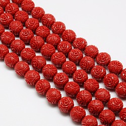 Synthetic Coral Beads Strands, Dyed, Round Beads Carved Flower Rose, Dark Red, 8mm, Hole: 1mm, about 52pcs/strand, 15.74 inch(X-CORA-L032-8mm-04)